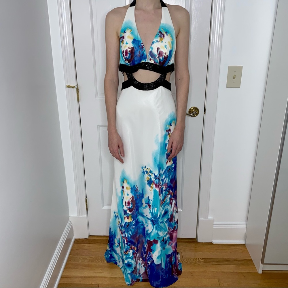 Sexy White & Blue Floral Pattern Open Back Evening Gown